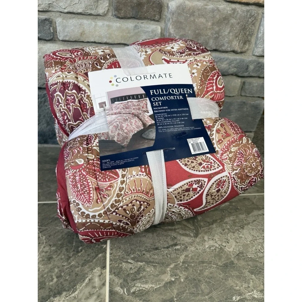 Colormate Full/Queen Comforter Set Paisley Red Tan Microfiber Sears New 3 Piece